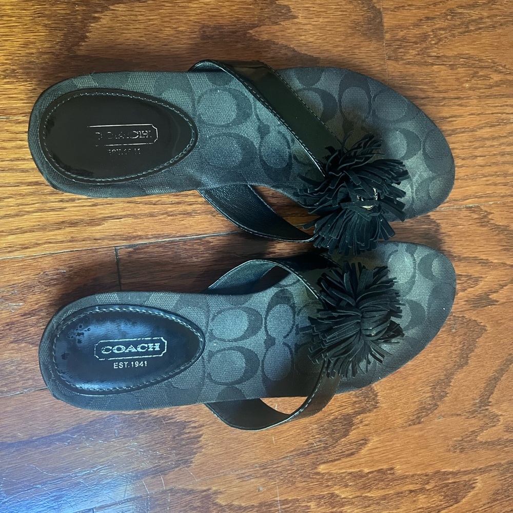 Coach Black Logo Flip Sandals with Tassel Pom Detail - Picture 2 of 5